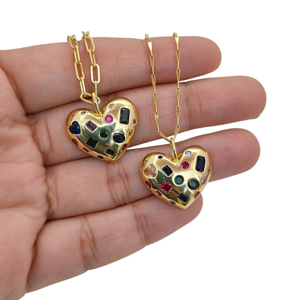 18K Gold Filled Puffy Heart Pendant Necklace for Women, Multicolor Inlay Micropavé Cubic Zirconia Charm, Sparkling Love Jewelry Gift- Selling Per Piece