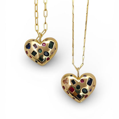 18K Gold Filled Puffy Heart Pendant Necklace for Women, Multicolor Inlay Micropavé Cubic Zirconia Charm, Sparkling Love Jewelry Gift- Selling Per Piece