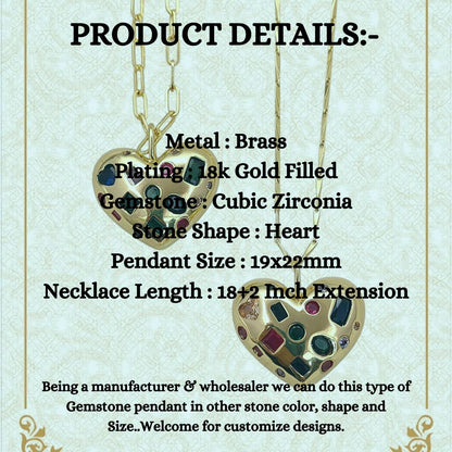 18K Gold Filled Puffy Heart Pendant Necklace for Women, Multicolor Inlay Micropavé Cubic Zirconia Charm, Sparkling Love Jewelry Gift- Selling Per Piece