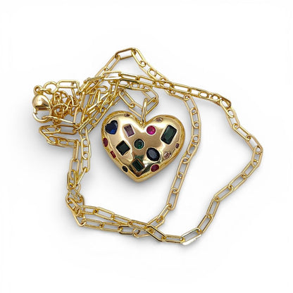 18K Gold Filled Puffy Heart Pendant Necklace for Women, Multicolor Inlay Micropavé Cubic Zirconia Charm, Sparkling Love Jewelry Gift- Selling Per Piece