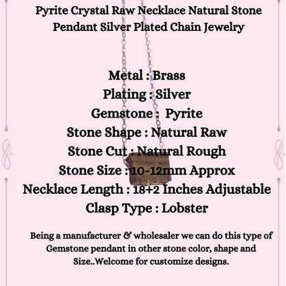 Pyrite Crystal Raw Necklace Natural Stone Pendant Silver Plated Chain Jewelry