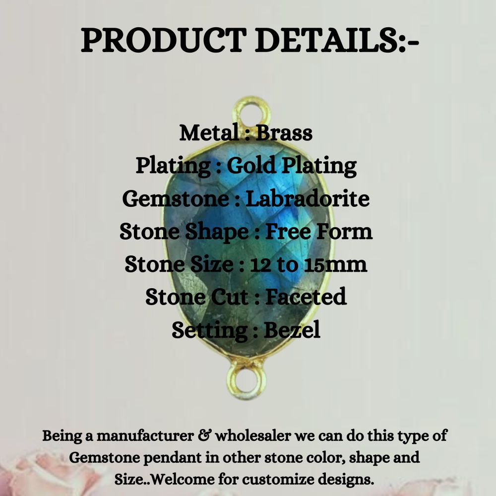 Natural Labradorite Connector Charm 12–15mm Free Form Stone with Gold Bezel – Jewelry Making Supply- Selling Per Piece