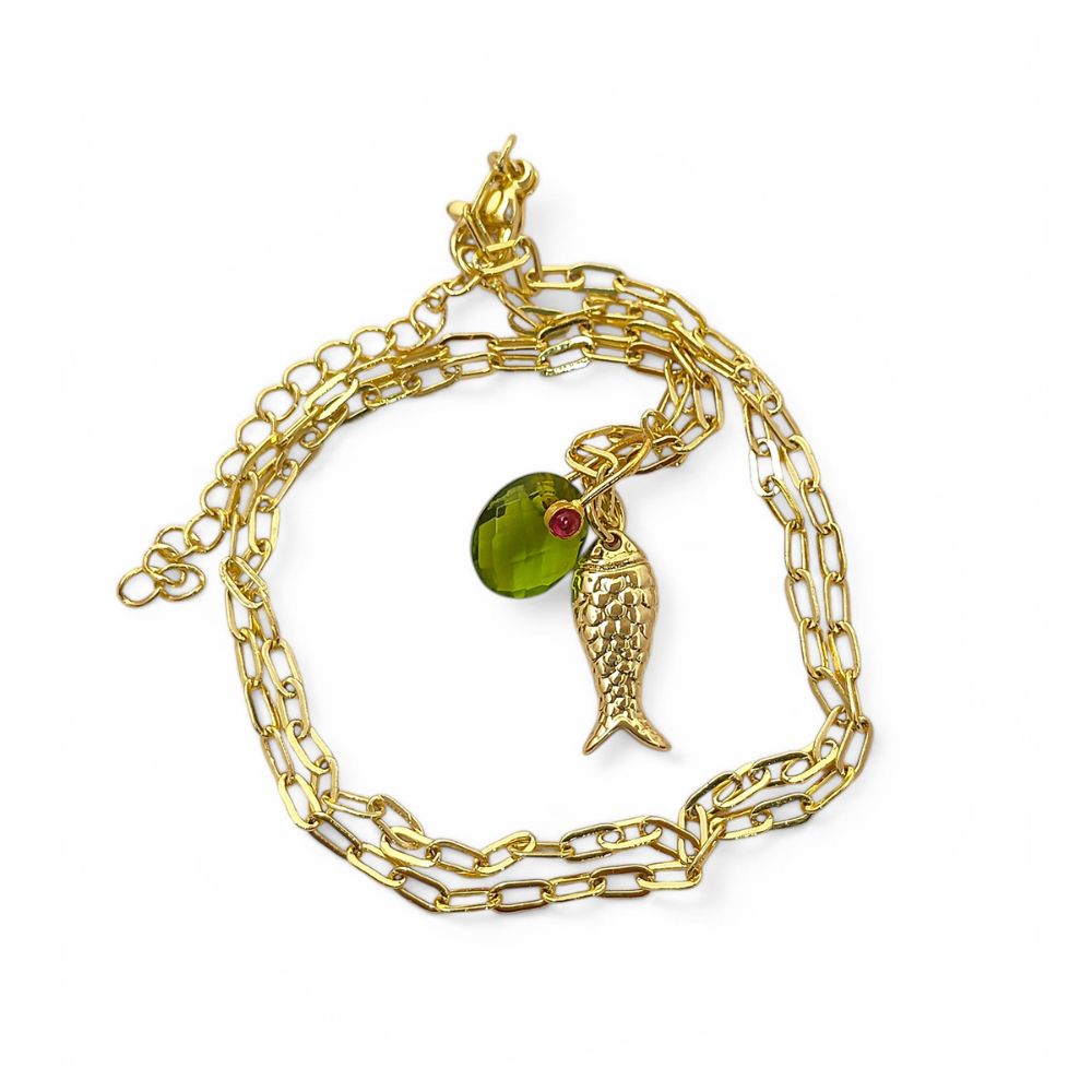 18k Gold Plated Fish Pisces Necklace, Peridot Quartz Oval Pendant, August Birthstone Ocean Jewelry
