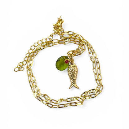 18k Gold Plated Fish Pisces Necklace, Peridot Quartz Oval Pendant, August Birthstone Ocean Jewelry