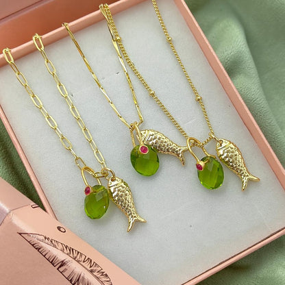 18k Gold Plated Fish Pisces Necklace, Peridot Quartz Oval Pendant, August Birthstone Ocean Jewelry