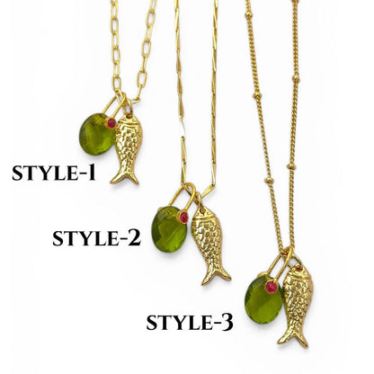 18k Gold Plated Fish Pisces Necklace, Peridot Quartz Oval Pendant, August Birthstone Ocean Jewelry