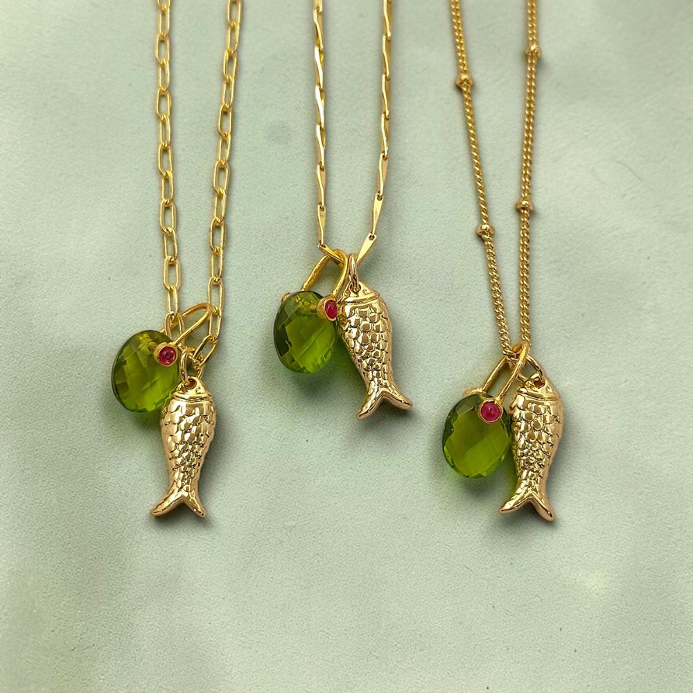 18k Gold Plated Fish Pisces Necklace, Peridot Quartz Oval Pendant, August Birthstone Ocean Jewelry