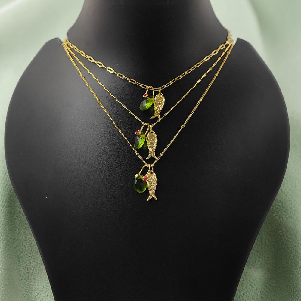 18k Gold Plated Fish Pisces Necklace, Peridot Quartz Oval Pendant, August Birthstone Ocean Jewelry