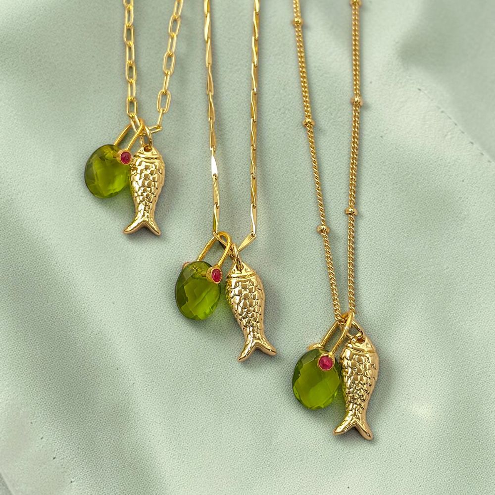 18k Gold Plated Fish Pisces Necklace, Peridot Quartz Oval Pendant, August Birthstone Ocean Jewelry