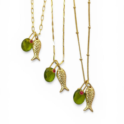 18k Gold Plated Fish Pisces Necklace, Peridot Quartz Oval Pendant, August Birthstone Ocean Jewelry