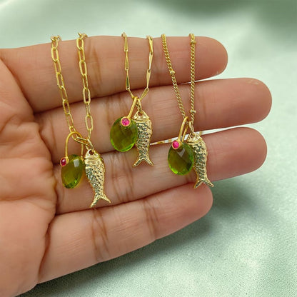 18k Gold Plated Fish Pisces Necklace, Peridot Quartz Oval Pendant, August Birthstone Ocean Jewelry