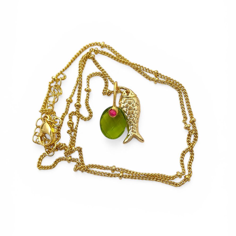18k Gold Plated Fish Pisces Necklace, Peridot Quartz Oval Pendant, August Birthstone Ocean Jewelry