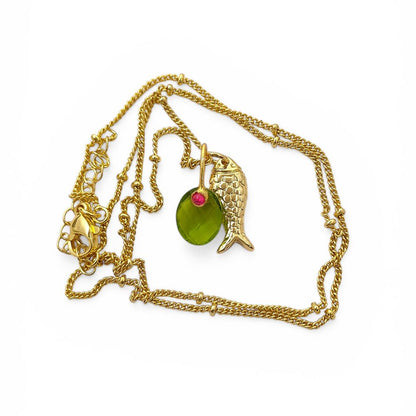 18k Gold Plated Fish Pisces Necklace, Peridot Quartz Oval Pendant, August Birthstone Ocean Jewelry