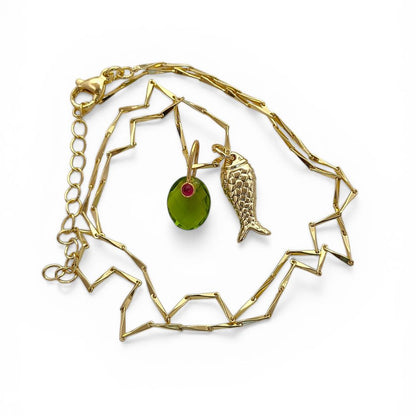 18k Gold Plated Fish Pisces Necklace, Peridot Quartz Oval Pendant, August Birthstone Ocean Jewelry