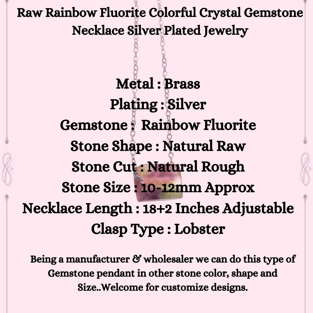 Raw Rainbow Fluorite Colorful Crystal Gemstone Necklace Silver Plated Jewelry