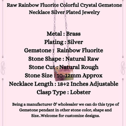 Raw Rainbow Fluorite Colorful Crystal Gemstone Necklace Silver Plated Jewelry