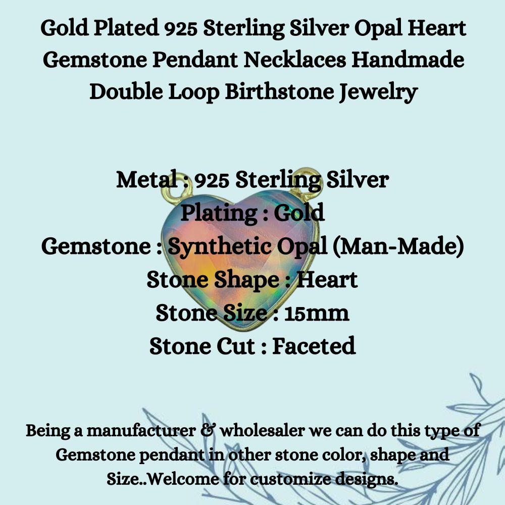 Gold Plated 925 Sterling Silver Opal Heart Gemstone Pendant Necklaces Handmade Double Loop Birthstone Jewelry- Selling Per Piece
