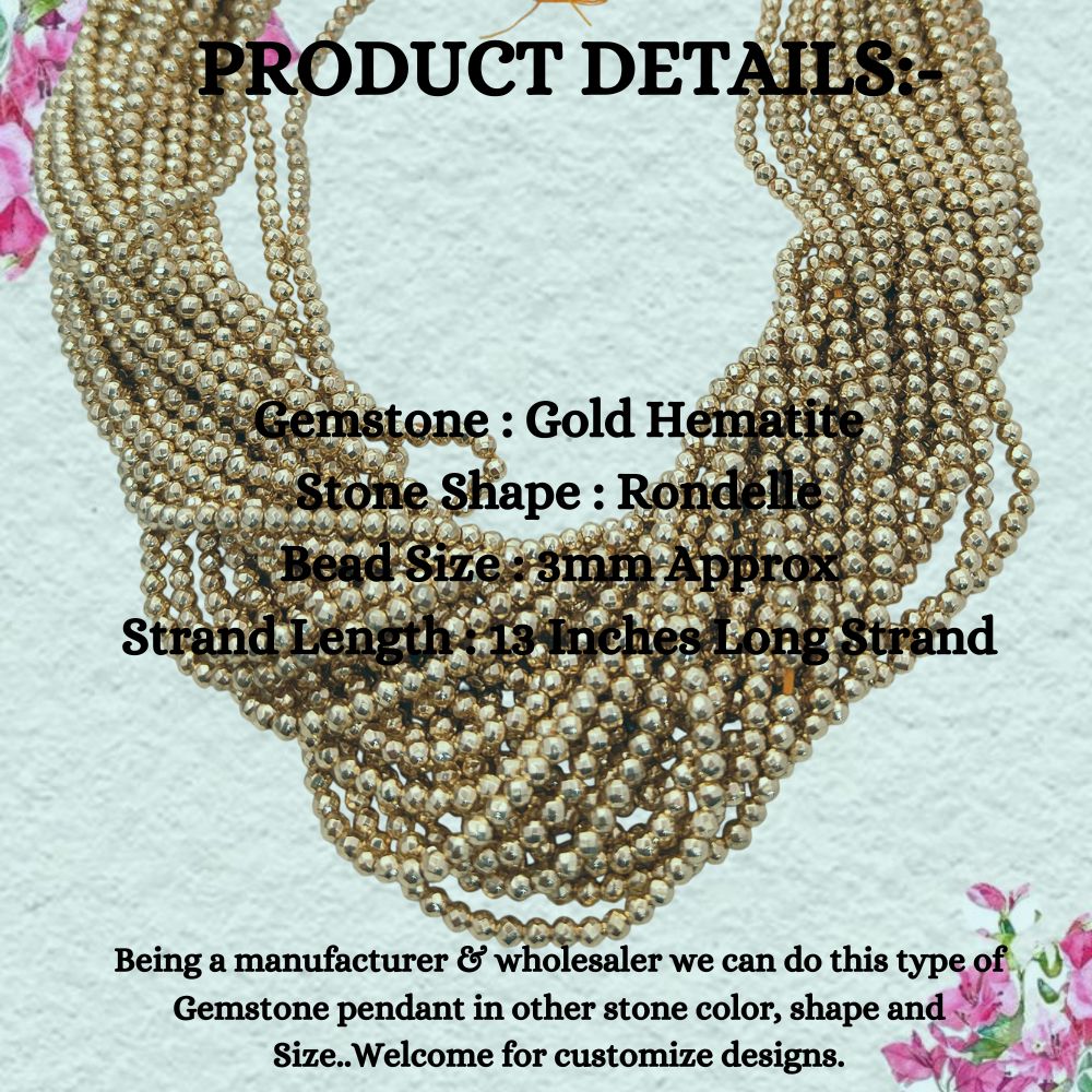 Gold Hematite Beads Strand 3mm Faceted Round Metallic Gemstone Beads, 13-Inch Strand for DIY Jewelry Making Supplies- Selling Per Strand