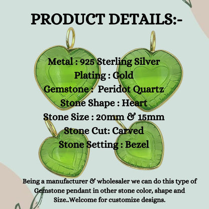 Handmade Peridot Quartz Heart Pendant Loving Heart Gemstone Charm in Gold Plated Silver August Birthstone Gift- Selling Per Piece