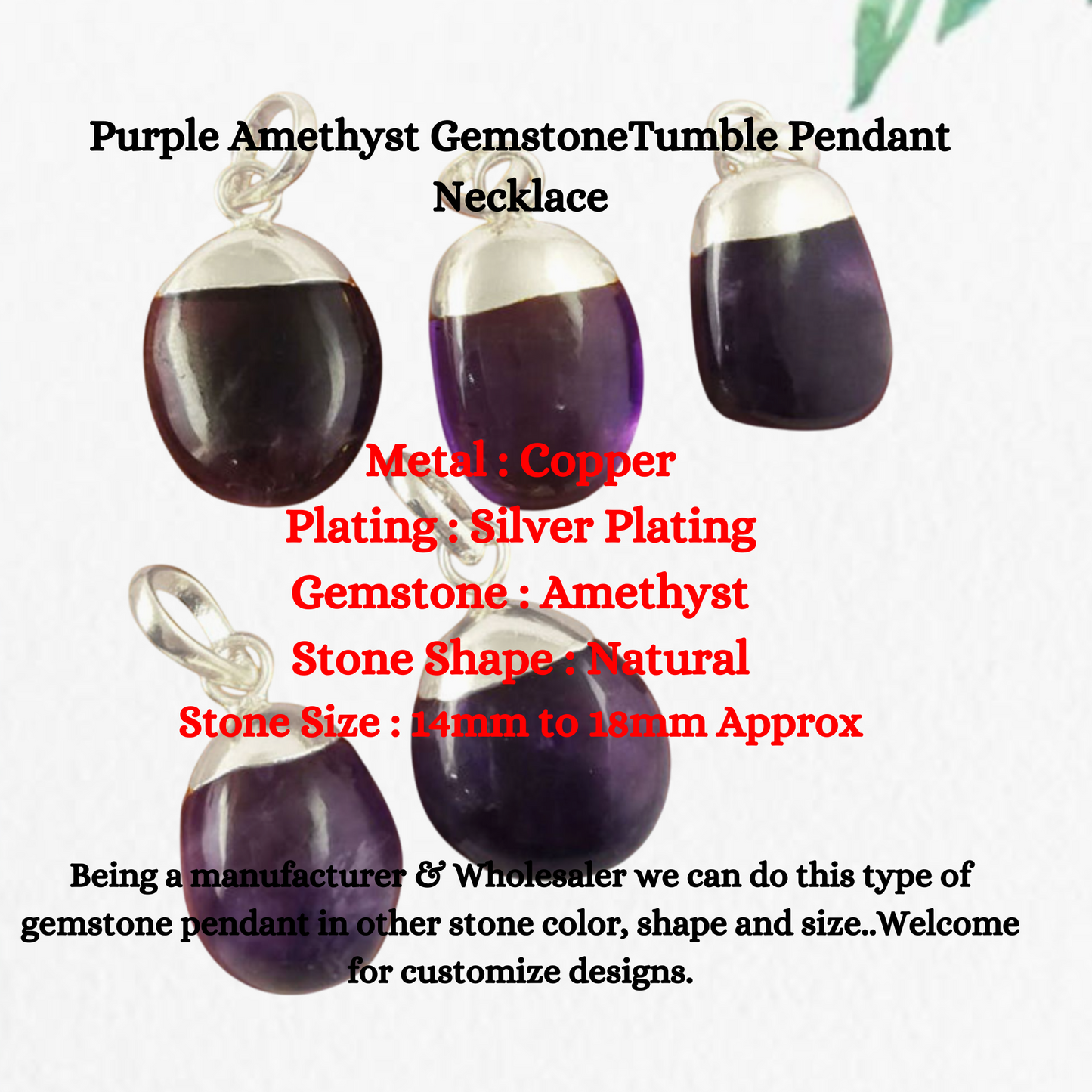 Purple Amethyst Tumble Pendant Necklace February Birthstone Silver Electroplated Gemstone Jewelry- Selling Per Piece