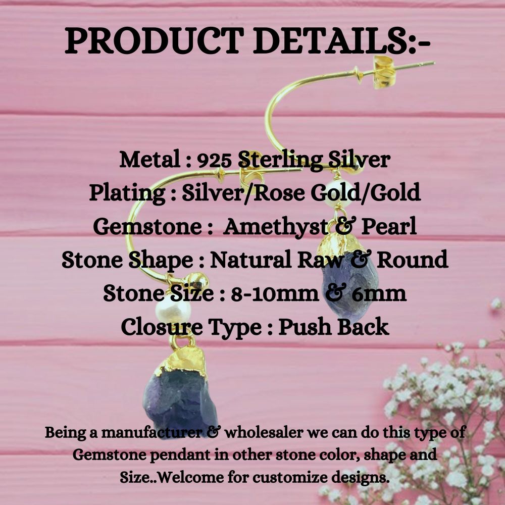 February Birthstone Amethyst Hoop Earrings Raw Purple Gemstone with Pearl 925 Sterling Silver Dangle Earrings Jewelry- Selling Per Pair