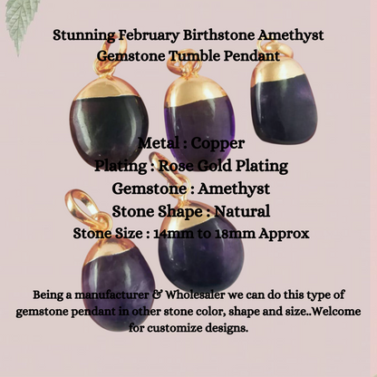 Stunning February Birthstone Amethyst Gemstone Tumble Pendant Rose Gold Electroplated Minimalist Jewelry- Selling Per Piece