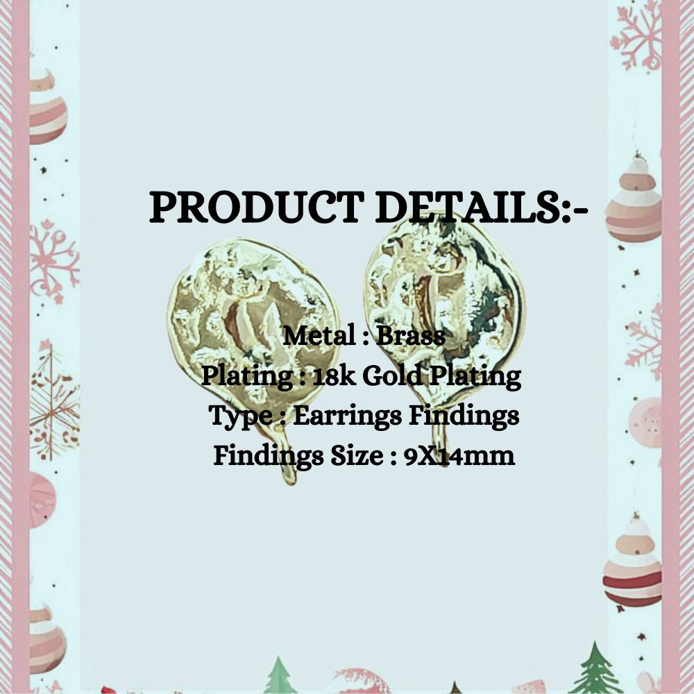 18K Gold Plated Textured Stud Earring Findings Elegant Stud Connector Charms for DIY Dangle Earrings – Selling Per Pair (9X14mm)