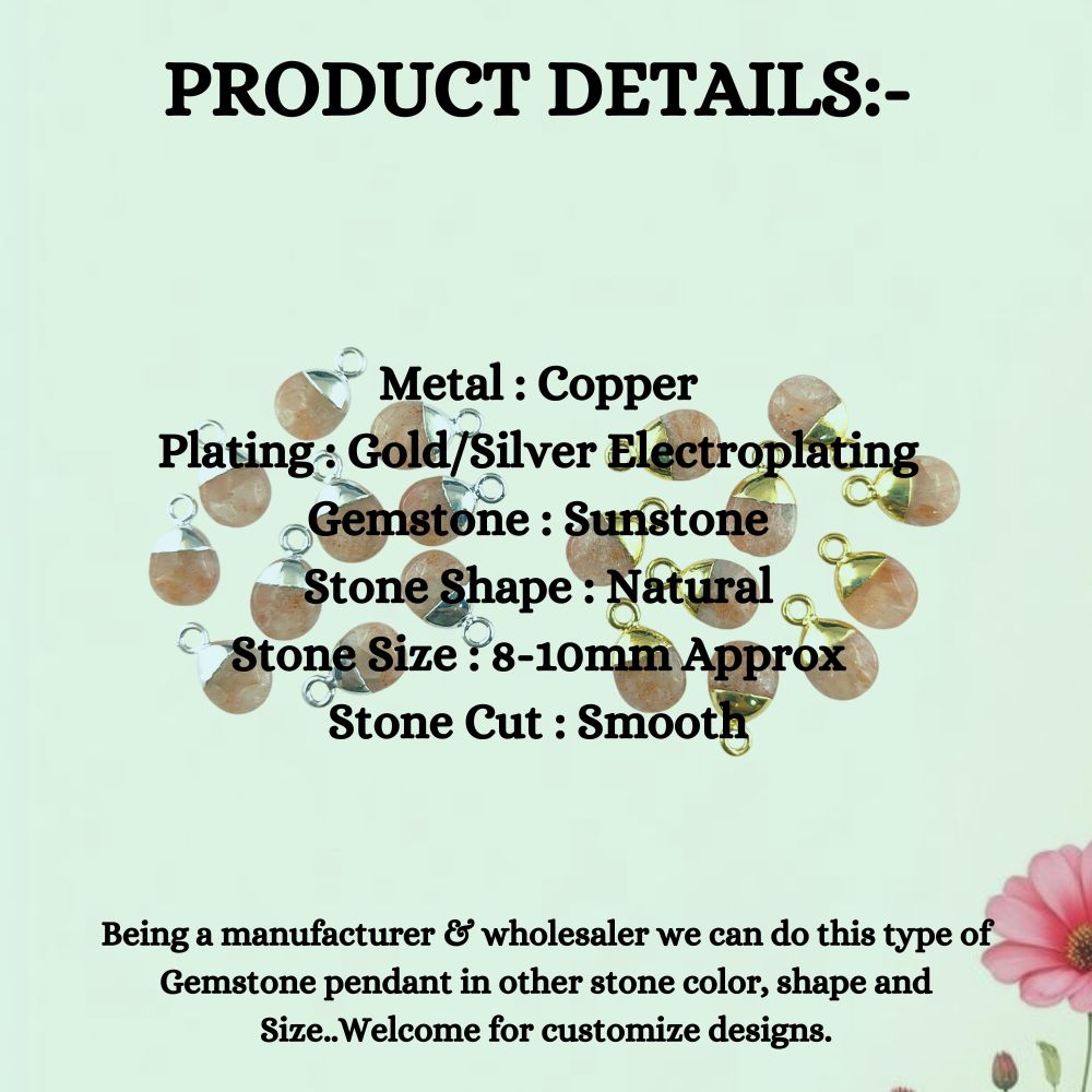 Genuine Sunstone Tumble Pendant 8–10mm Smooth Polished Healing Crystal Birthstone Charm with Gold or Silver Electroplated Cap- Selling Per Piece