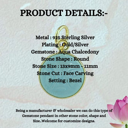 Unique Aqua Chalcedony Moon Face Pendant Handmade Gold Plated Sterling Silver Bezel Set Carved Gemstone Jewelry- Selling Per Piece