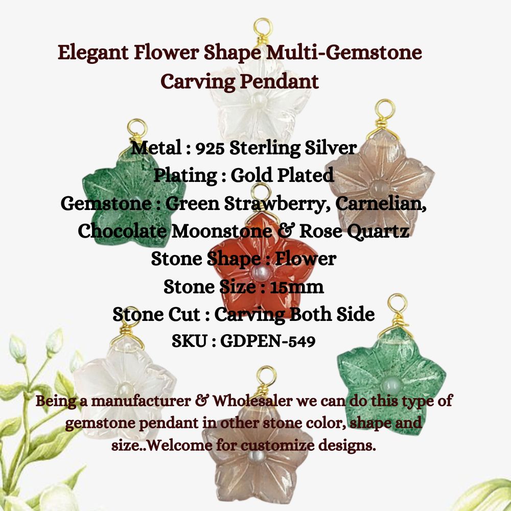 Elegant Flower Shape Multi-Gemstone Carving Pendant Solid Gold Vermeil Necklace for Women- Selling Per Piece