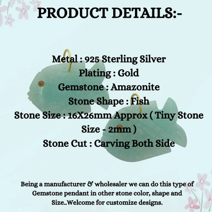 Hand-Carved Amazonite Floating Fish Pendant Gold Plated 925 Silver Gemstone Charm for Unique Jewelry Designs- Selling Per Piece