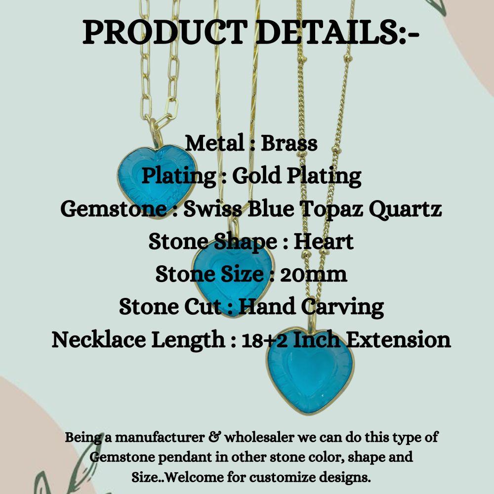 Handmade Swiss Blue Topaz Heart Pendant for Necklace Minimalist Heart Shaped Gemstone Jewelry- Selling Per Necklace