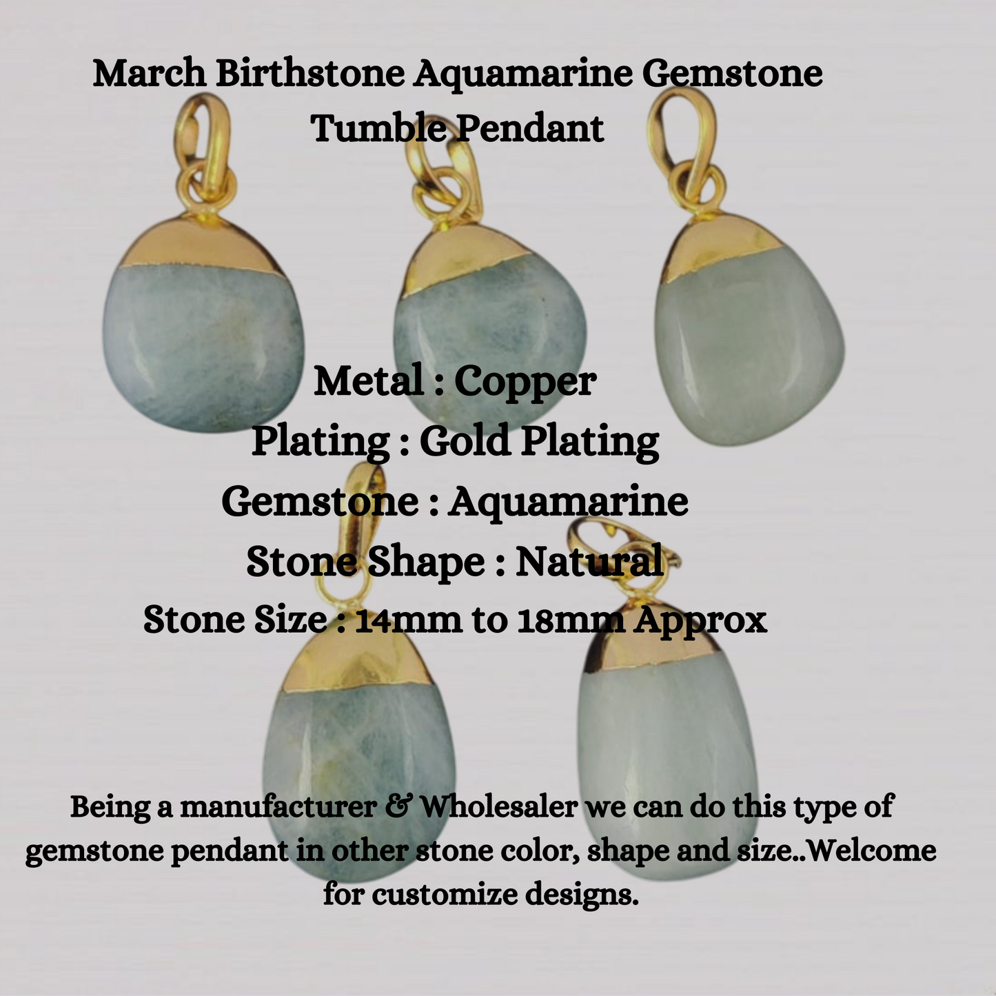 Stunning March Birthstone Aquamarine Gemstone Tumble Pendant Gold Electroplated Minimalist Jewelry- Selling Per Piece