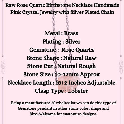 Raw Rose Quartz Birthstone Necklace Handmade Pink Crystal Jewelry with Silver Plated Chain