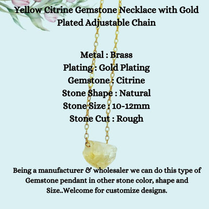 Yellow Citrine Gemstone Necklace with Gold Plated Adjustable Chain