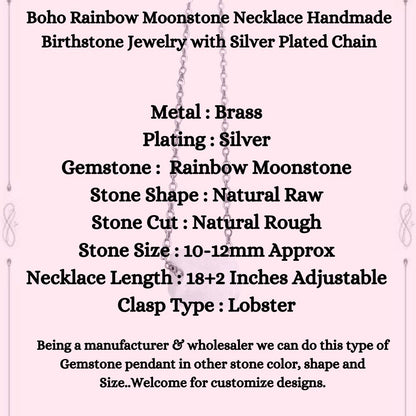 Boho Rainbow Moonstone Necklace Handmade Birthstone Jewelry with Silver Plated Chain