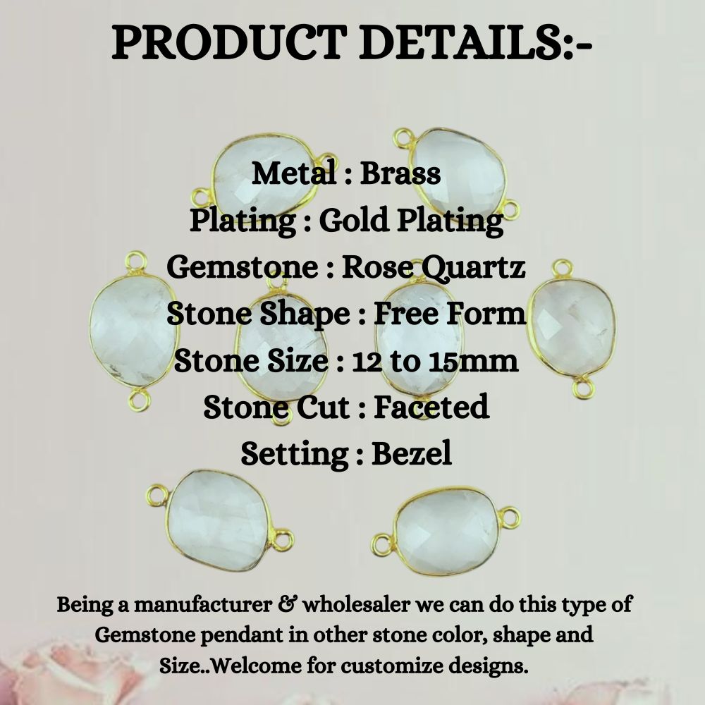 Rose Quartz Stone Connector 12–15mm Free Form Gold Plated Bezel Charm for DIY Jewelry- Selling Per Piece