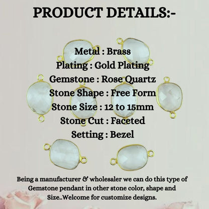 Rose Quartz Stone Connector 12–15mm Free Form Gold Plated Bezel Charm for DIY Jewelry- Selling Per Piece