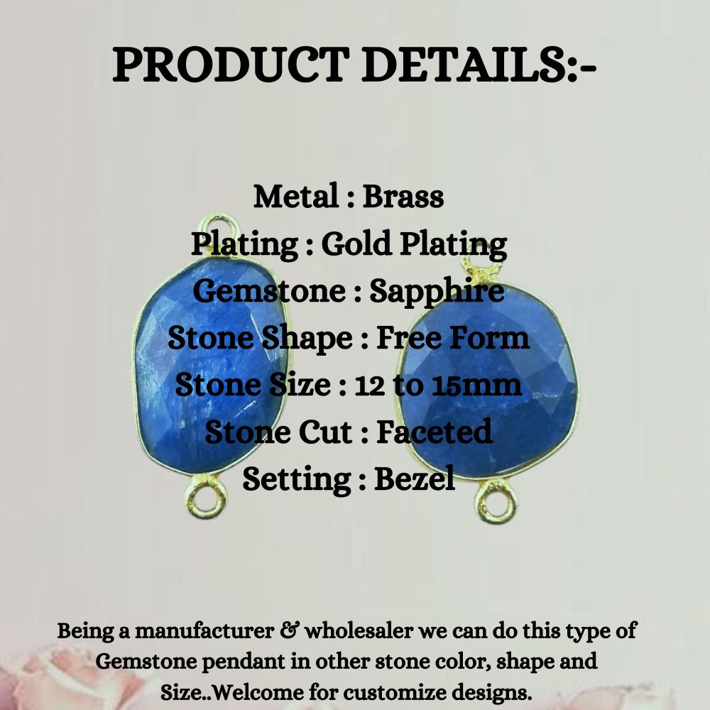 12–15mm Blue Sapphire Free Form Connector Gold Bezel Gemstone Charm for Handmade Jewelry- Selling Per Piece