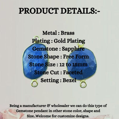 12–15mm Blue Sapphire Free Form Connector Gold Bezel Gemstone Charm for Handmade Jewelry- Selling Per Piece