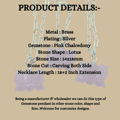 Handmade Pink Chalcedony Lotus Pendant Everyday Healing Necklace for Women- Selling Per Piece