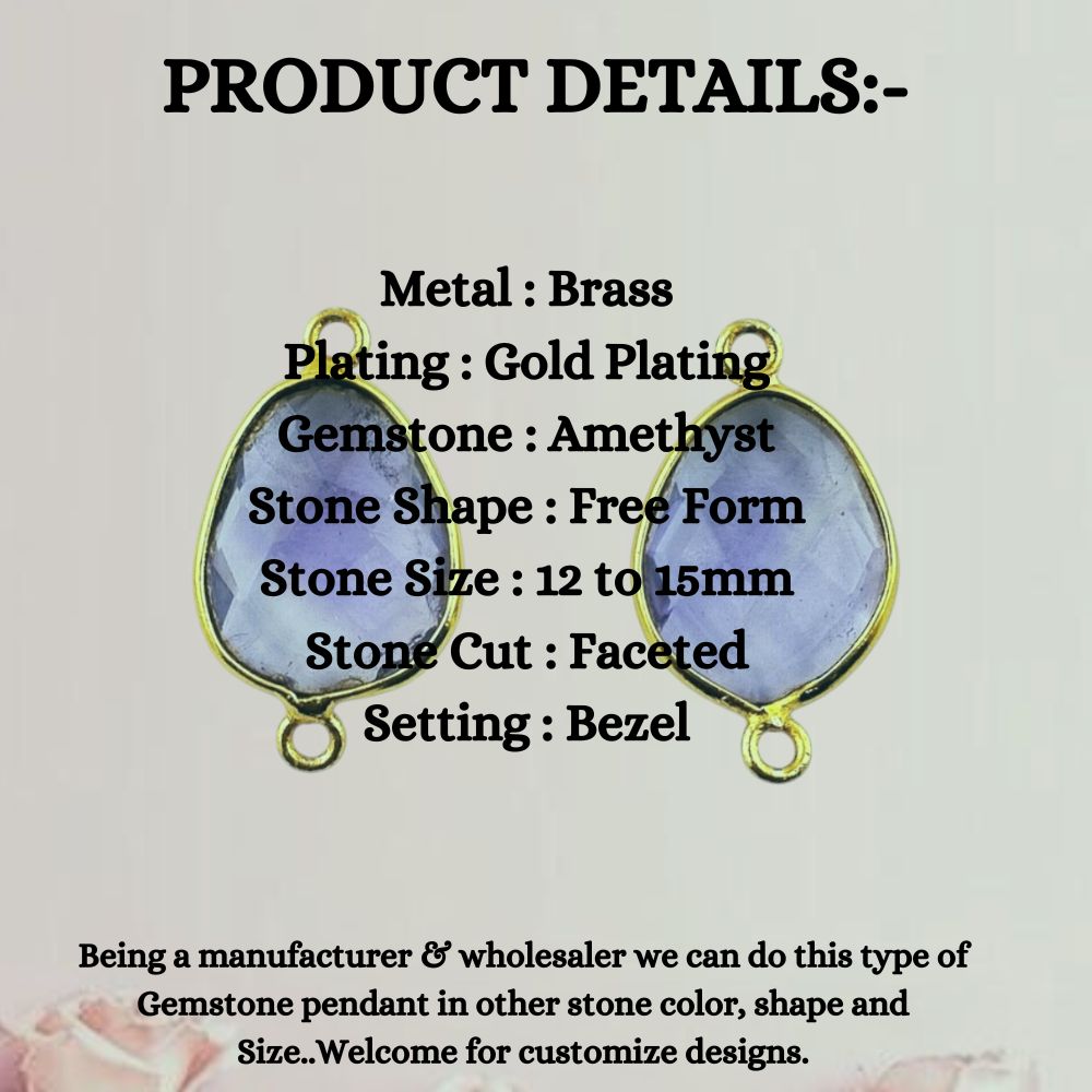 12–15mm Free Form Amethyst Connector Links Gold Plated Purple Gemstone Charms for Bracelets, Necklaces, Earrings & DIY Jewelry- Selling Per Piece
