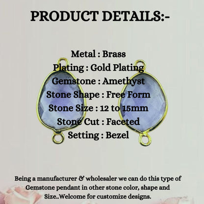 12–15mm Free Form Amethyst Connector Links Gold Plated Purple Gemstone Charms for Bracelets, Necklaces, Earrings & DIY Jewelry- Selling Per Piece