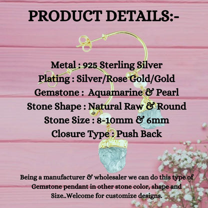 Aquamarine and Pearl Hoop Earrings Dainty 925 Sterling Silver March Birthstone Jewelry- Selling Per Pair