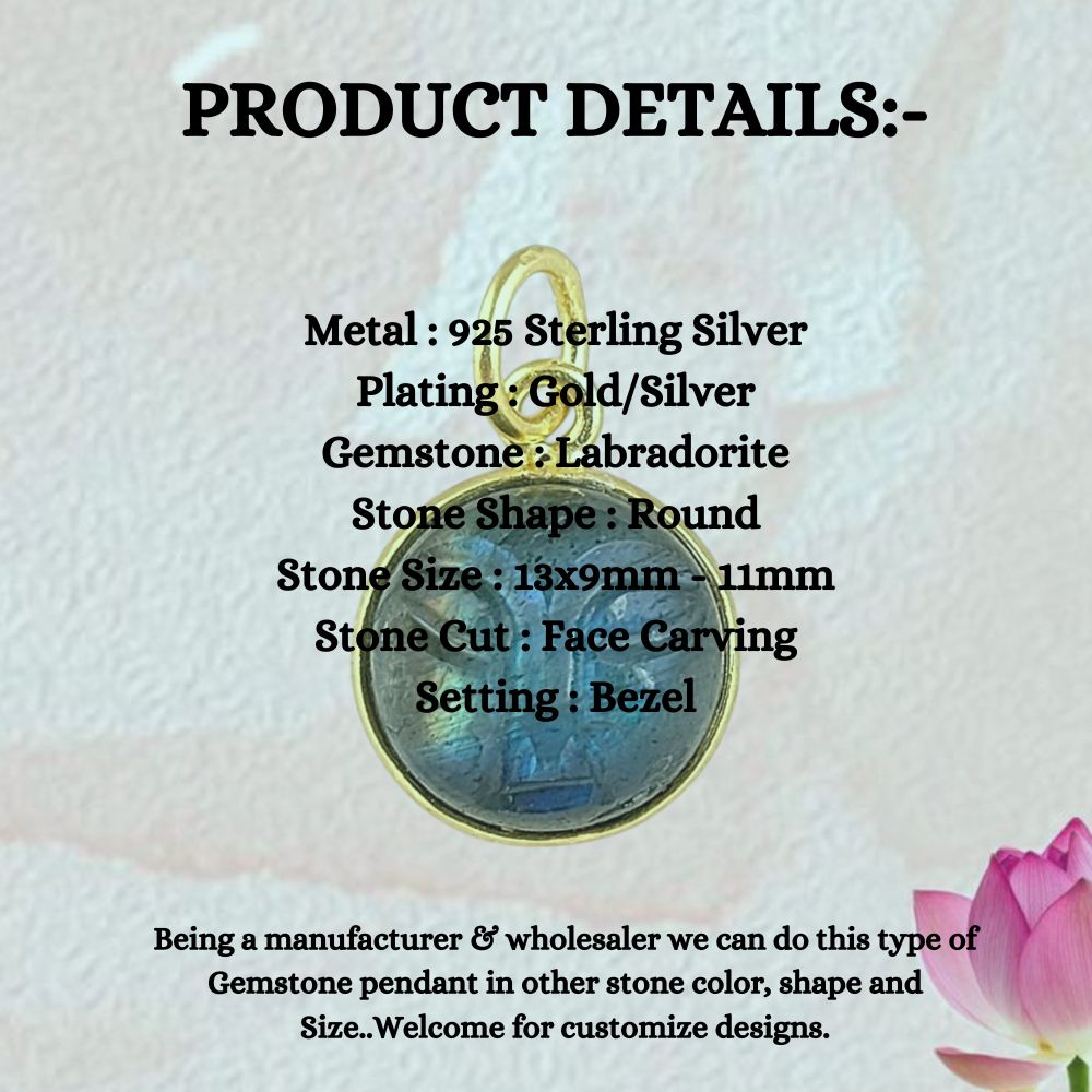 Labradorite Healing Crystal Moon Face Pendant Handmade Gold Plated 925 Sterling Silver Necklace Charm- Selling Per Piece