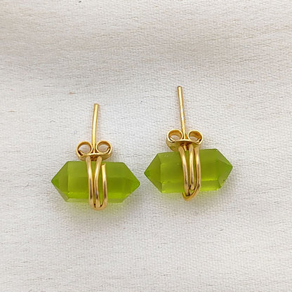 Handmade 12x5mm Peridot Earrings Gold Vermeil Wire Wrapped Healing Crystal Studs for Women- Selling Per Pair