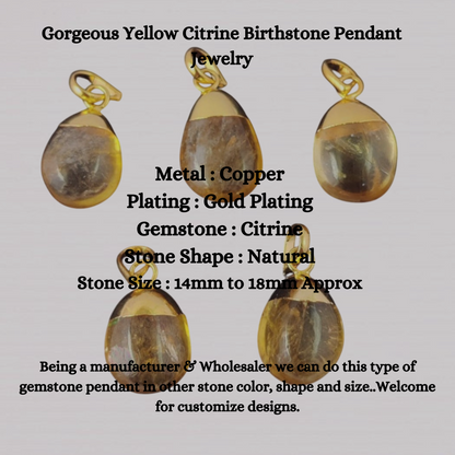 Solid Gold Electroplated Gemstone Tumble Pendant Gorgeous Yellow Citrine Birthstone Jewelry- Selling Per Piece