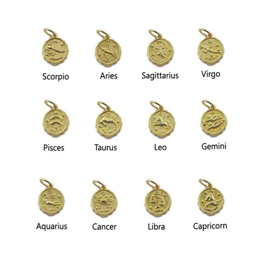 Round Zodiac Sign Charms in Silver & Gold Plated Brass Astrology Themed Constellation Pendants for DIY Jewelry Making- Selling/Piece
