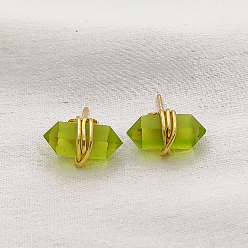 Handmade 12x5mm Peridot Earrings Gold Vermeil Wire Wrapped Healing Crystal Studs for Women- Selling Per Pair