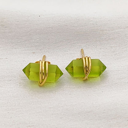 Handmade 12x5mm Peridot Earrings Gold Vermeil Wire Wrapped Healing Crystal Studs for Women- Selling Per Pair